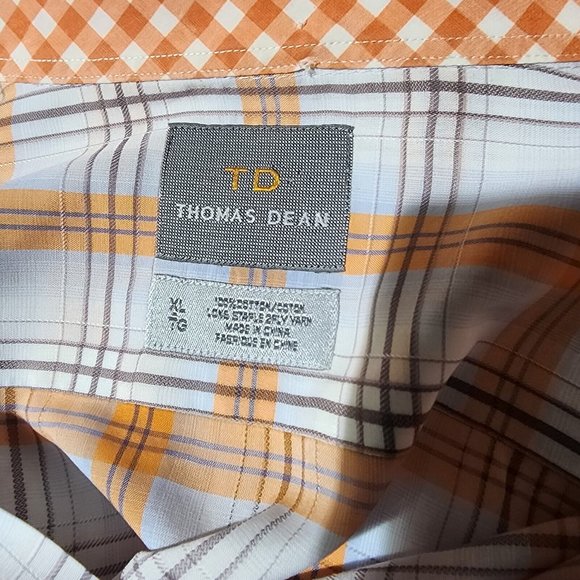 MENS THOMAS DEAN ORANGE AND BLUE PLAID LONG SLEEVE BUTTON‎ DOWN SHIRT - Picture 4 of 4
